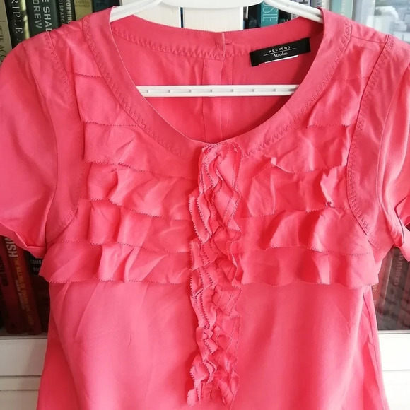 Weekend MaxMara Silk Ruffle Front Short Sleeve T-Shirt Blouse Pink Small - Picture 3 of 13